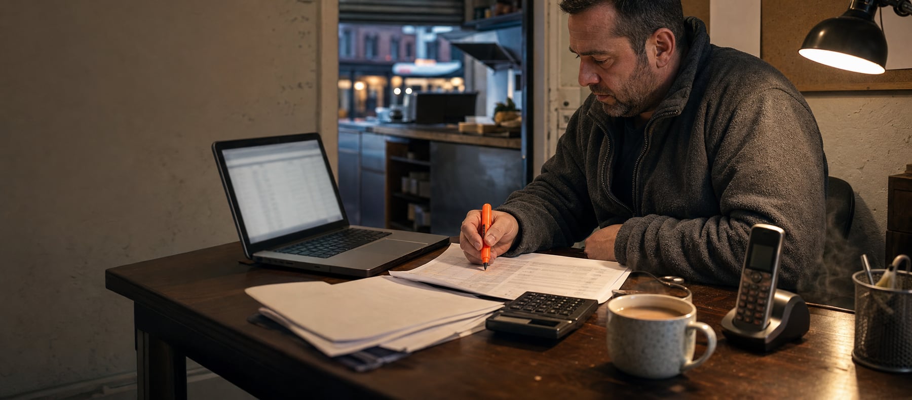 Takeaway operator at his desk at closing time working out phone answering costs with a calculator and a cordless phone