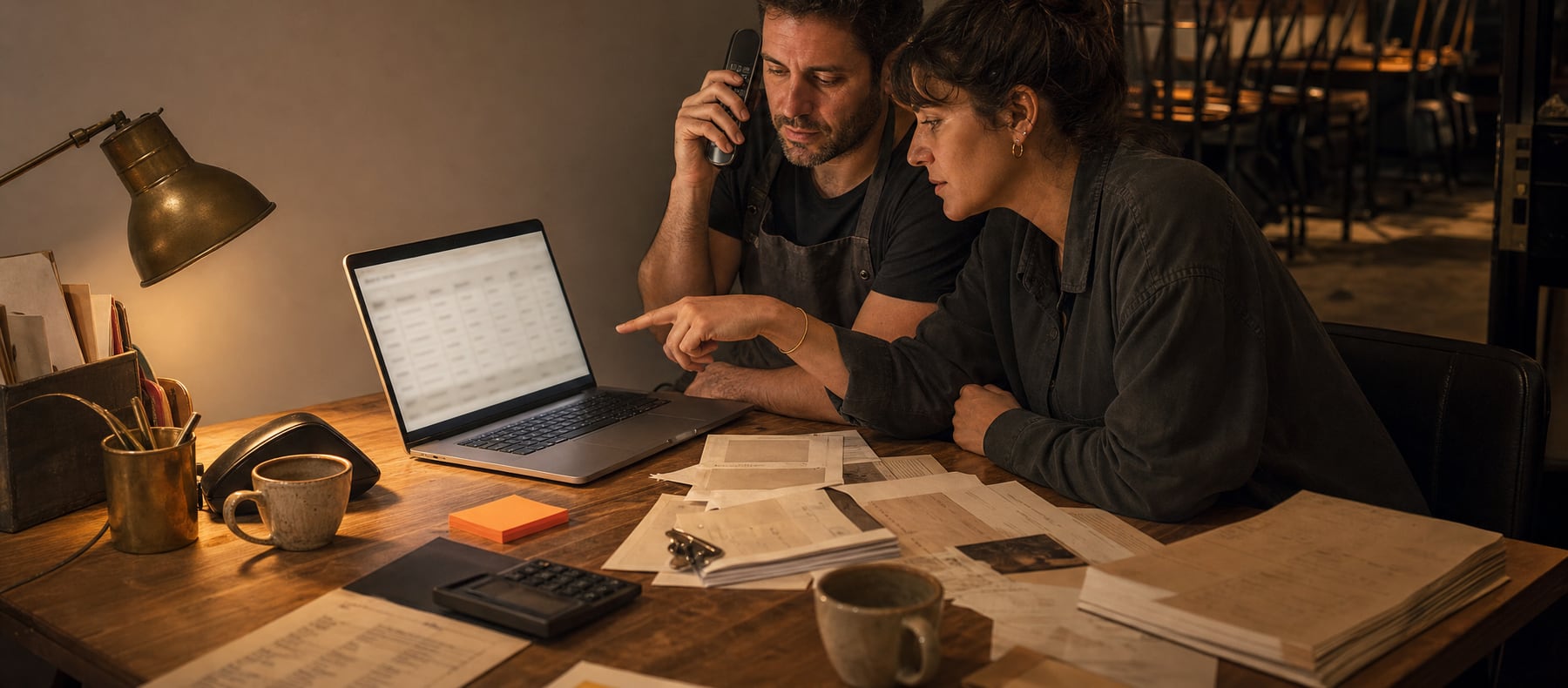 Two restaurant operators comparing phone-answering options on a laptop at the office desk after closing
