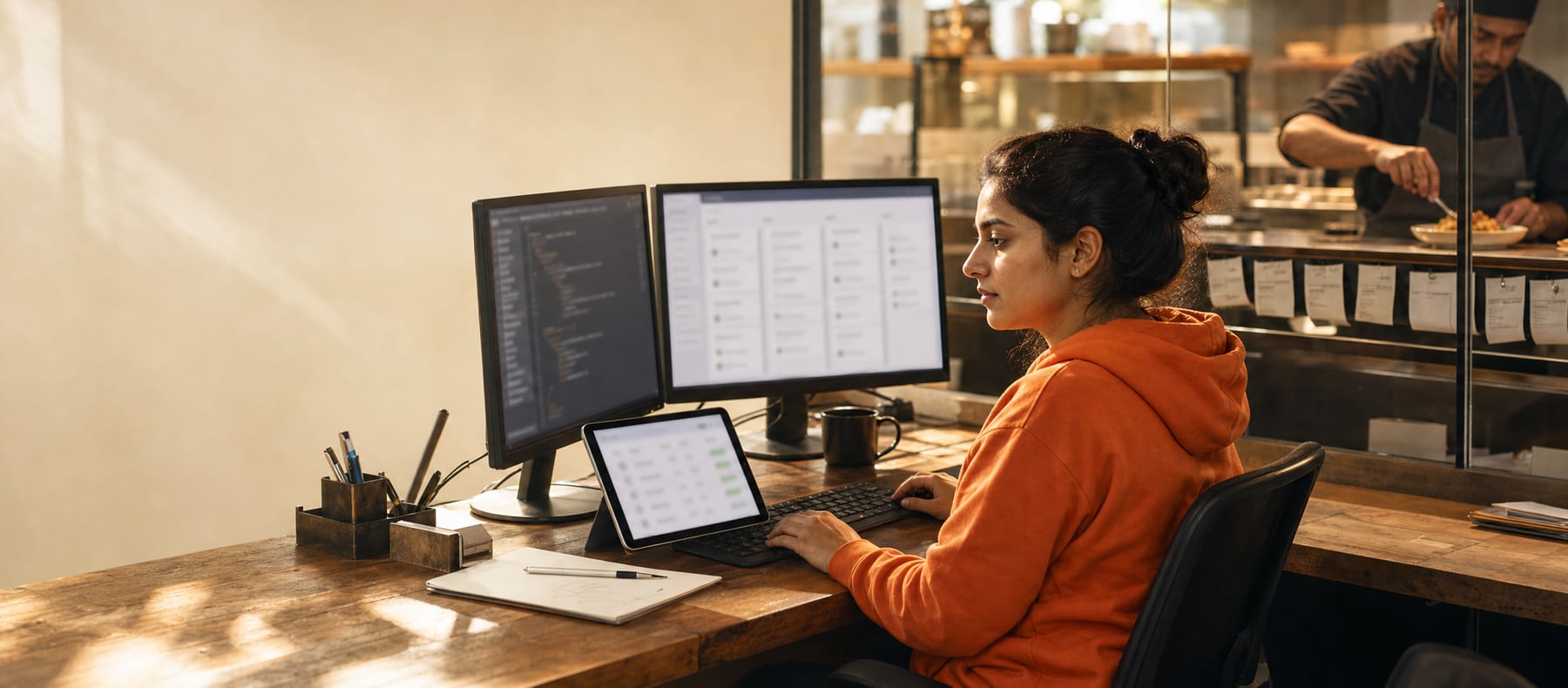 Developer at a two-monitor desk integrating a restaurant ordering API while the kitchen pass works behind the glass