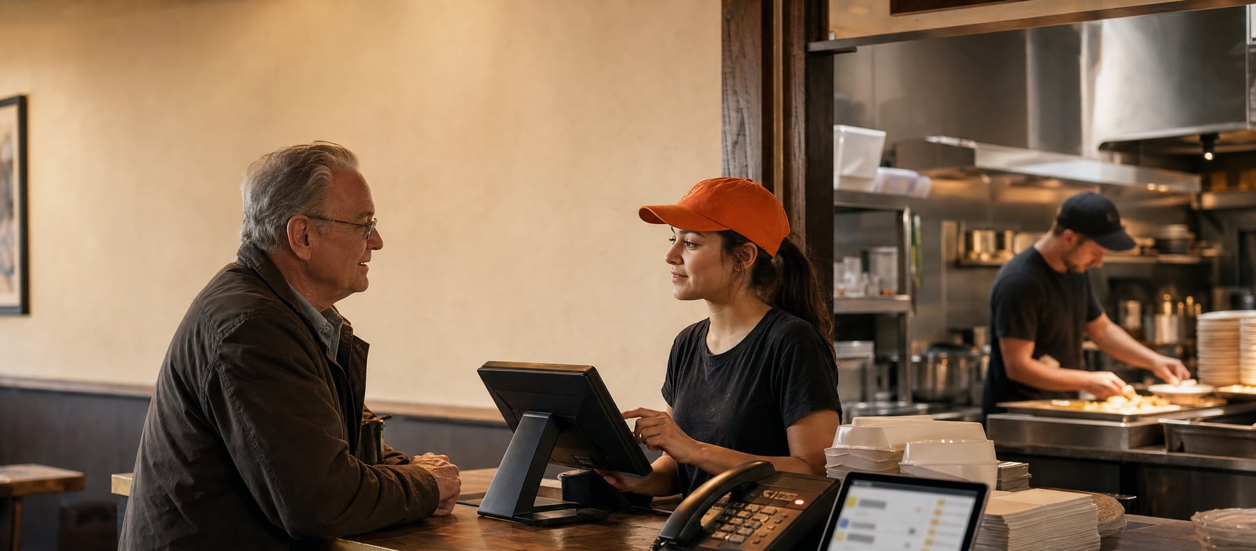 Cashier taking an order at the counter while the landline rings and a tablet shows the incoming order queue