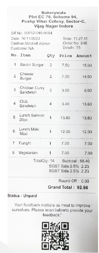 Customer bill receipt with totals, tax breakdown and feedback QR