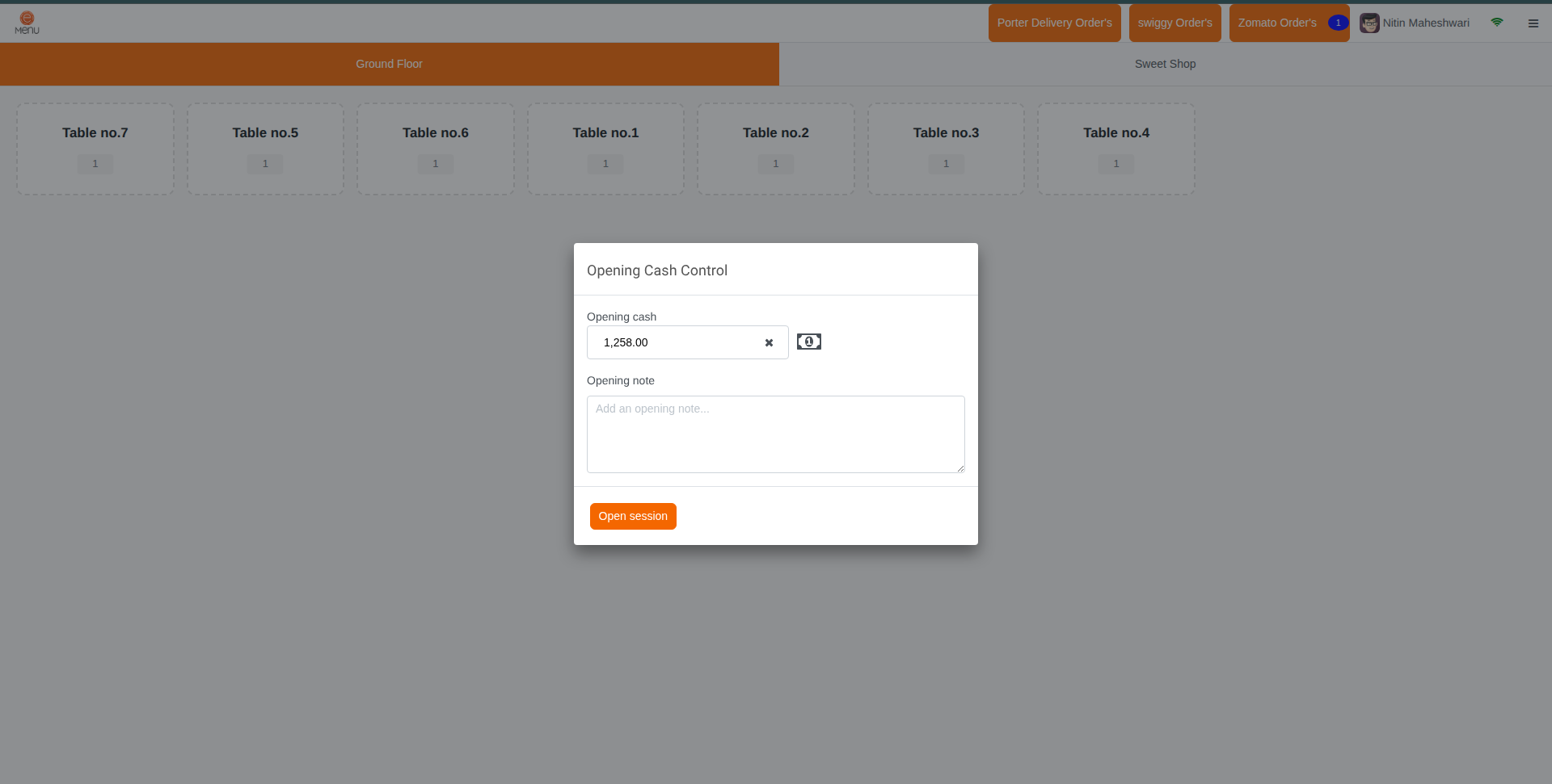 Opening cash control modal — opening cash 1,258.00 with note field