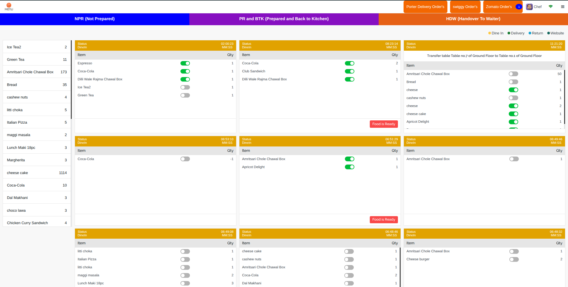 Online eMenu Kitchen Display on a Windows laptop
