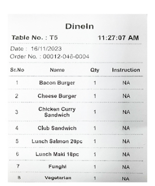 Printed KOT for DineIn Table 5 with item names, qty and instructions