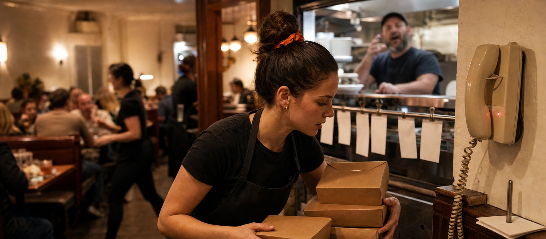 Server with her hands full at a diner host stand on a Friday night while the wall phone rings unanswered