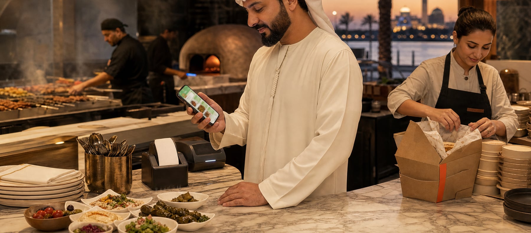 Abu Dhabi restaurant operator reviewing a WhatsApp order at the counter while staff pack a family meal box