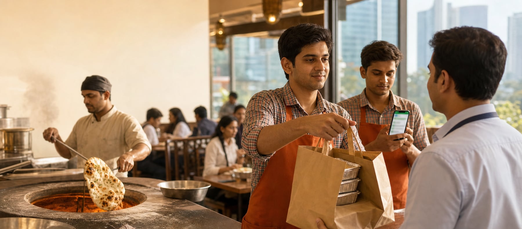 Restaurant counter staff in Gurgaon handing a lunch order to an office customer while a colleague checks a phone order