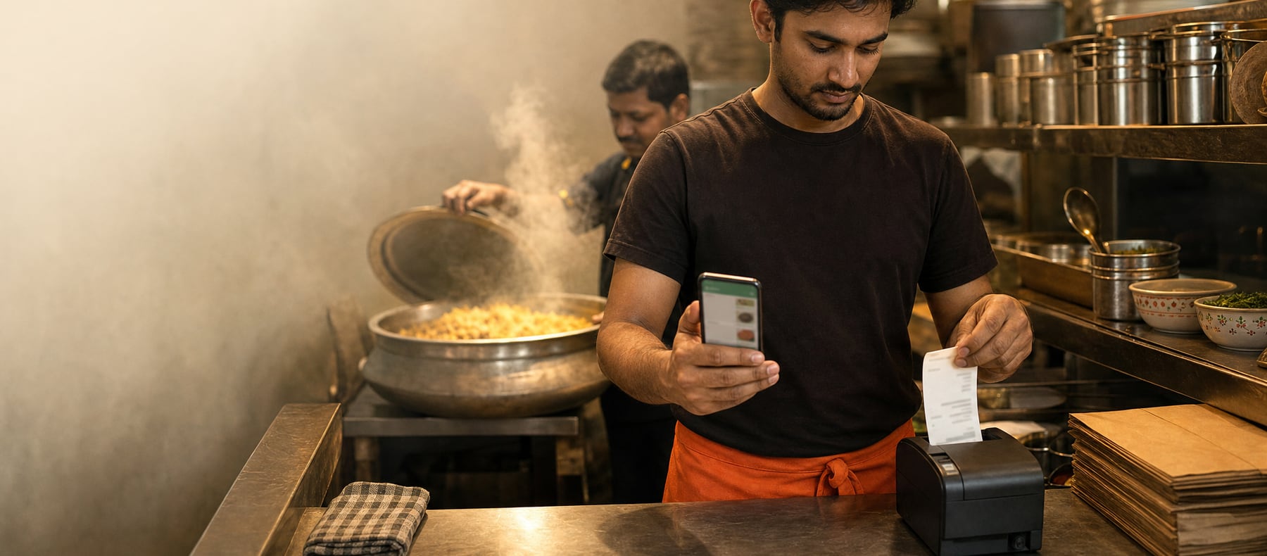 Restaurant operator reading a WhatsApp order on his phone as the kitchen printer feeds out the ticket